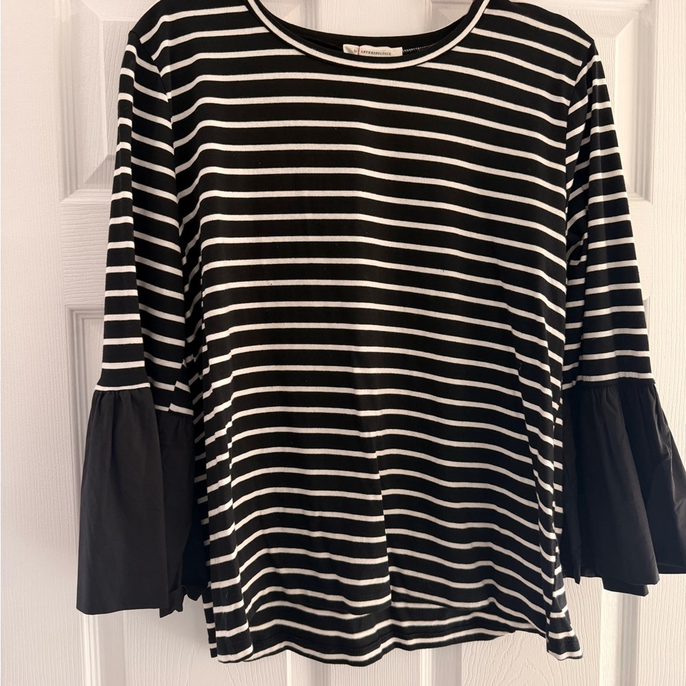 Anthropologie Black and White Striped Long Sleeve Top